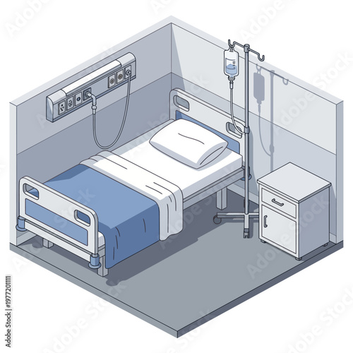 Hospital Room Interior with Medical Equipment and Bed.