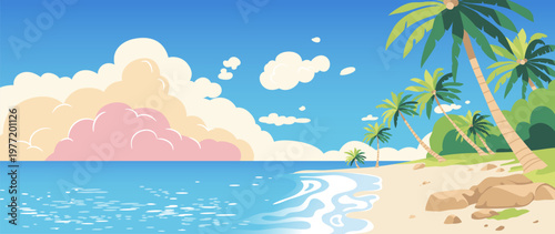Summer beach sunset background vector with tropical palm trees, ocean waves and sandy shore. Colorful seaside landscape illustration for travel poster, banner and seasonal design.