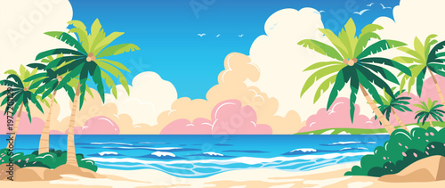 Summer beach sunset background vector with tropical palm trees, ocean waves and sandy shore. Colorful seaside landscape illustration for travel poster, banner and seasonal design.