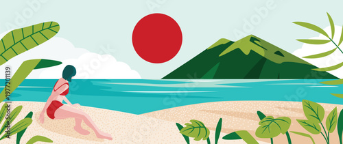 Summer beach background vector with woman in red swimsuit on sandy shore. Tropical seaside landscape with island mountain, blue sea, green leaves and sunny vacation illustration.