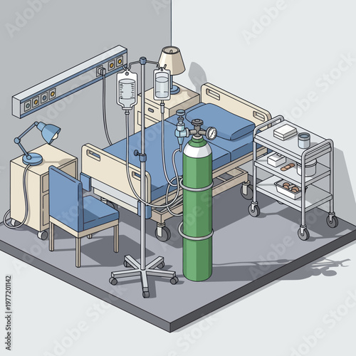 Hospital Room Interior with Medical Equipment and Bed.