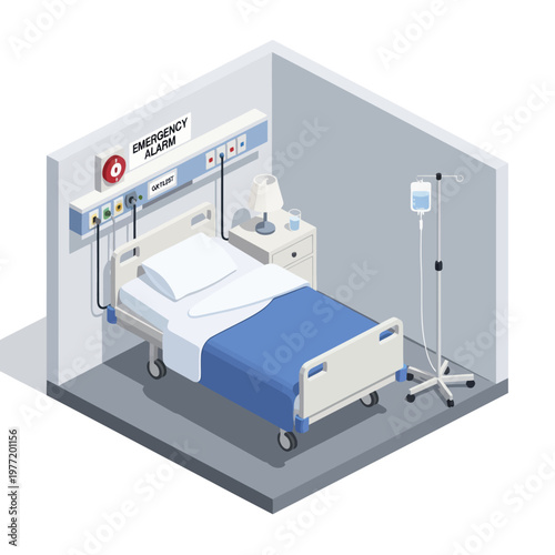 Hospital Room Interior with Medical Bed and Equipment.
