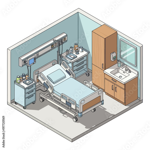 Hospital Room Interior with Medical Equipment and Bed.