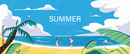 Summer beach background vector with couple on sandy shore, blue ocean, tropical leaves, palm tree and cloudy sky. Suitable for travel poster, banner, vacation design and seasonal promotion.