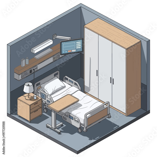 Hospital Room Interior with Medical Bed and Wardrobe.