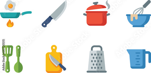Assortment of kitchen tools used for cooking icon set in flat illustration