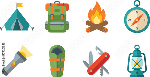 Outdoor camping equipment icon set in flat illustration