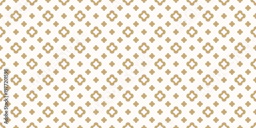 Simple vector seamless pattern. Elegant gold and white floral geometric texture with flower silhouettes, cross shapes, stars. Minimalist abstract graphic background. Golden ornament. Repeated design