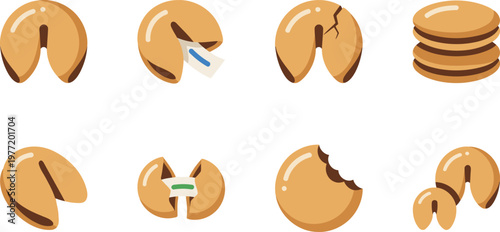 Fortune cookies whole cracked open bitten stacked icon set