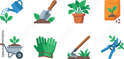 Gardening tools and plants for cultivation icon set