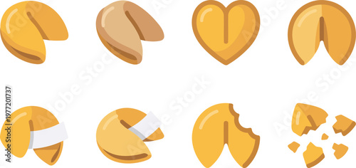 Fortune cookies icon set with whole, heart-shaped, with message, bitten, broken