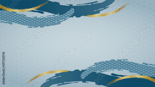 青と金の毛筆線と青海波パターンの背景素材