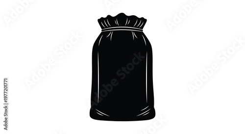 Simple depiction of a closed drawstring bag in stark black silhouette