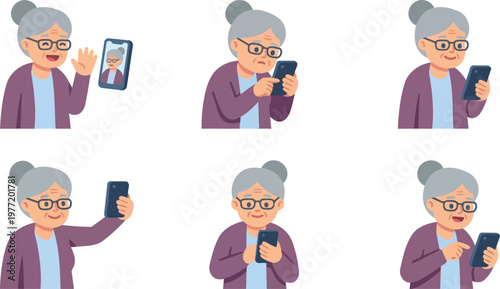 Elderly woman in multiple poses interacting with smartphone   