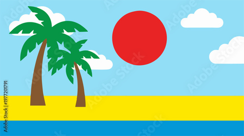 Two green palm trees standing on a yellow tropical beach under a bright red sun