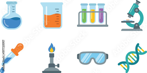 Laboratory equipment and DNA helix icon set in flat illustration