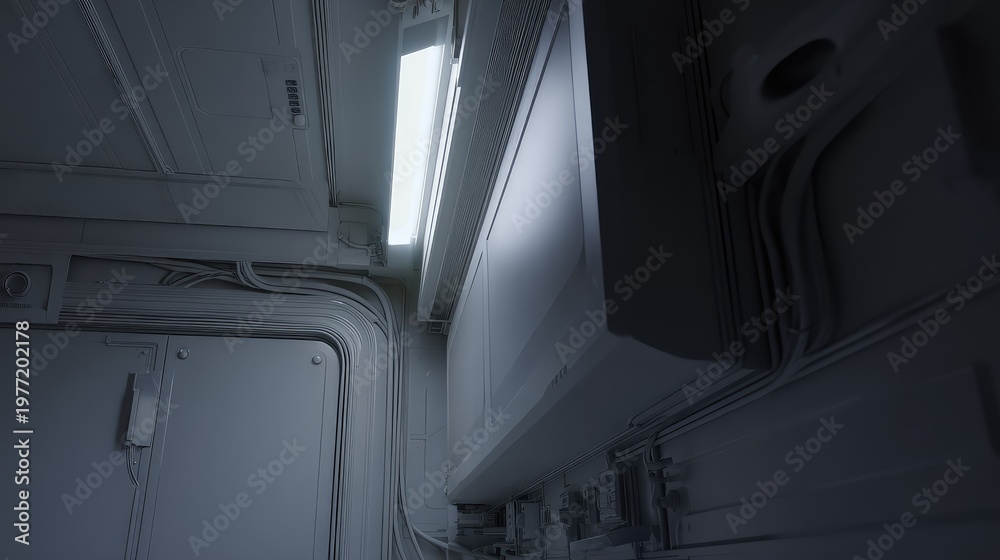 Fototapeta premium Minimalist futuristic corridor inside a spaceship featuring advanced panel structures, glowing light fixtures, and intricate wiring details evoking a sci fi, high tech atmosphere