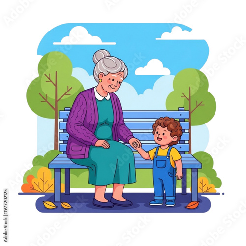 senior woman with grandchild sitting on park bench