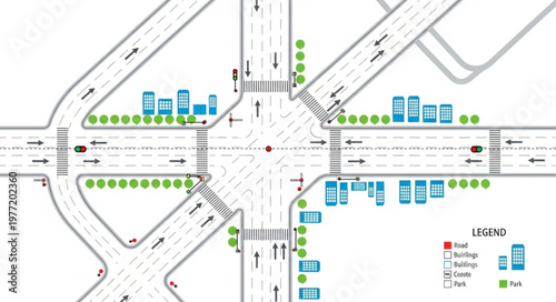 Detailed Intersection Diagram with Traffic Flow and Vehicle Placement.