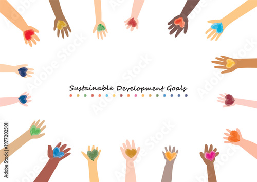 SDGsイメージ世界の人々の手と17色のハートフレーム
