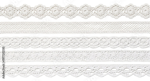 Collection of white lace trims on transparent background.