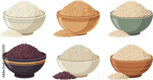 Different types of rice in bowls flat vector illustration set with white, brown, black grains food collection