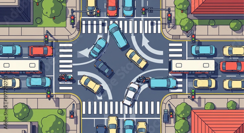 Animated City Intersection with Cars and Pedestrian Crossings.