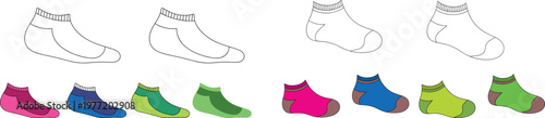 Ankle socks collection mockup set, front and side views, colorful casual footwear design, apparel template pack – vector illustration