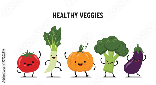 Group of cute dancing vegetable characters including tomato radish pumpkin broccoli and eggplant for healthy eating promotion.