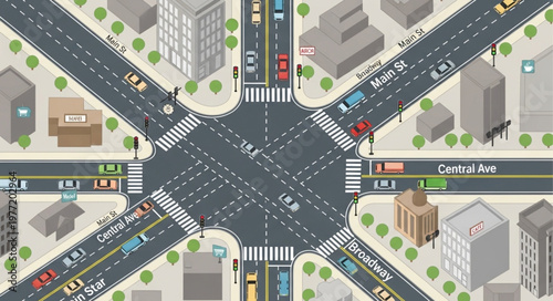 Aerial View of a Busy City Intersection with Traffic.