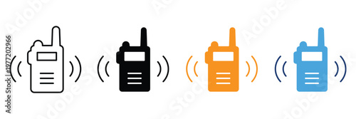 Walkie talkie radio communication icon set, portable wireless transceiver device symbols, handheld transmitter receiver for telecommunication, security equipment.