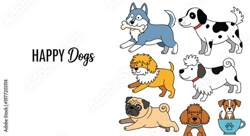 Set of happy dog breeds including husky dalmatian pug and poodle for pet lovers and veterinary services illustrations.