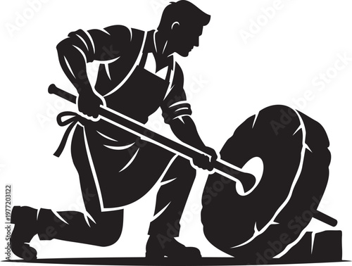 Strong blacksmith silhouette working with heavy metal wheel and rod manual labor industrial craft worker at forge muscular artisan construction building materials master metalworker traditional worksh