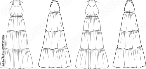 Bohemian tiered maxi dress set, sleeveless halter style, front and back views, flowing layered skirt fashion outline – vector illustration