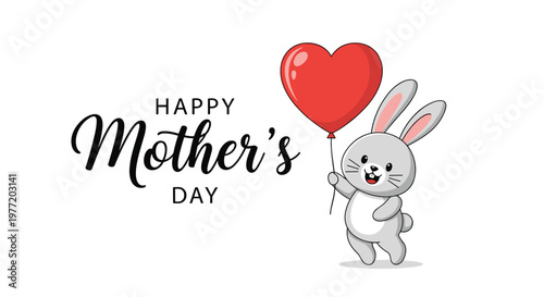 Adorable bunny character holding a red heart shaped balloon for happy mothers day greeting card illustration.