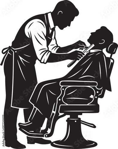 Professional barber silhouette shaving male client in vintage salon chair traditional barbershop grooming service hairstylist using straight razor master artisan hair care salon treatment professional