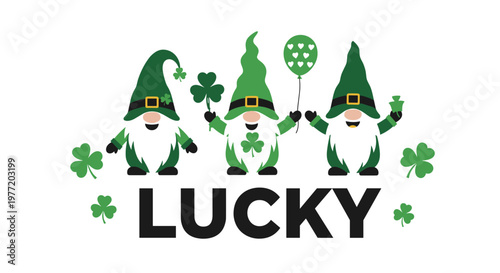 Three lucky gnomes wearing green hats with shamrocks and holding a heart balloon for saint patricks day celebration.