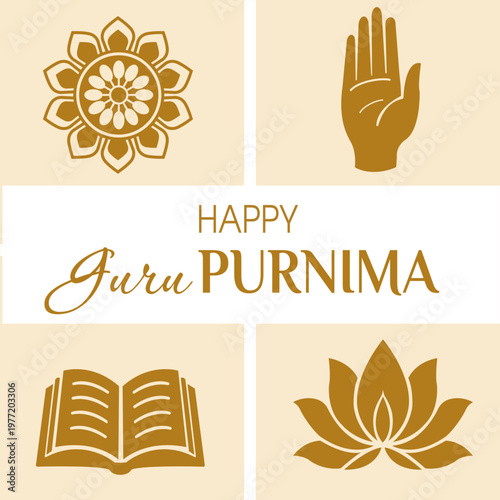 Minimal greeting card for Guru Purnima featuring spiritual icons including lotus, mandala, blessing hand and sacred book.