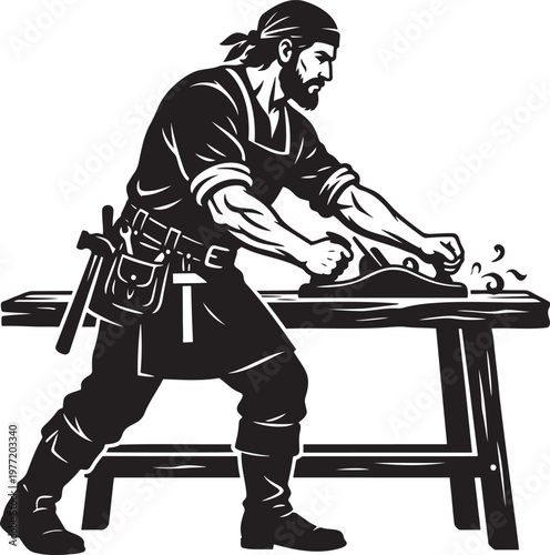 Skilled carpenter silhouette smoothing wood with hand plane at workbench professional woodworker manual labor carpentry workshop construction tools craftsmanship building furniture master artisan indu