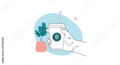 Stylized illustration of a hand holding a take away coffee cup with a logo and a small plant in the background.