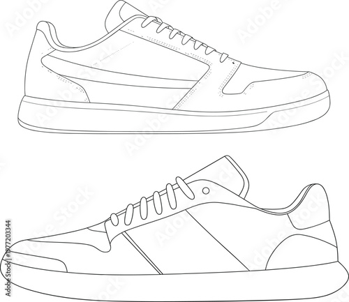 Casual sneakers set, side view athletic shoes, lace up footwear design, modern streetwear trainers outline template – vector illustration