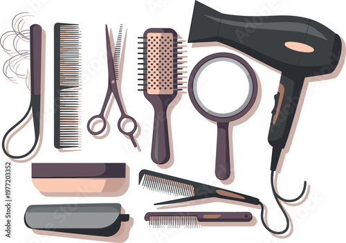 Hairdressing tools set including comb, scissors, hair dryer, brush, mirror, and styling accessories, professional salon vector illustration collection