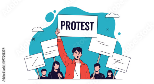 Group of people participating in a public demonstration holding protest signs with one prominent protester in front.