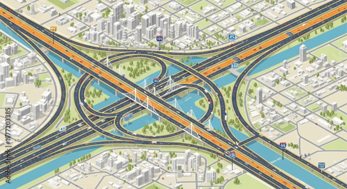 Aerial View of Complex Highway Interchange with River and Cityscape.