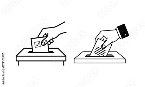A simple black and white line art illustration showing hands casting ballots into voting boxes. Vector