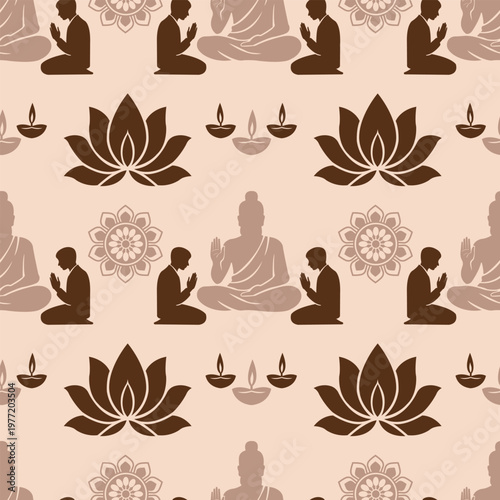 Guru Purnima seamless pattern with lotus, guru and meditation symbols