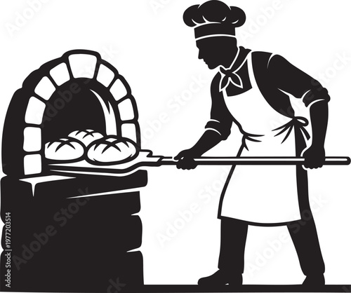 Professional baker silhouette putting fresh bread into stone oven using wooden peel traditional bakery craftsmanship culinary artisan chef cooking organic dough healthy food production handmade pastry