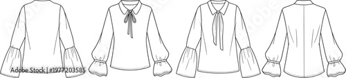 Chic women blouse collection, long sleeve tops with bow tie neckline and flared cuffs, front and back fashion flat sketch – vector illustration