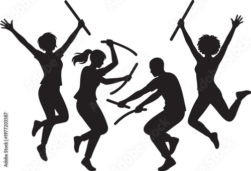 Group of people dancing with sticks silhouette traditional ethnic performance rhythmic movement active dancers celebrating cultural festival high energy dynamic poses choreography exercise fitness ens