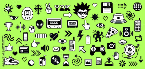 Pixel art Y2K icon set, retro 8 bit web symbols, vintage tech elements and UI icons pack vector illustration